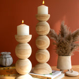 Set of 2 Hand-Carved Wooden Stacked Ball Candle Holders