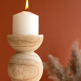 Set of 2 Hand-Carved Wooden Stacked Ball Candle Holders