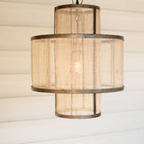 Round Double Layered Woven Fiber and Metal Pendant Light