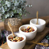 Three White Stone Serving Bowls with Mango Wood Spoons & Base