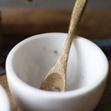 Three White Stone Serving Bowls with Mango Wood Spoons & Base