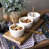 Three White Stone Serving Bowls with Mango Wood Spoons & Base