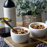 Three White Stone Serving Bowls with Mango Wood Spoons & Base