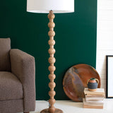 Carved Wooden Floor Lamp with Off-White Barrel Shade